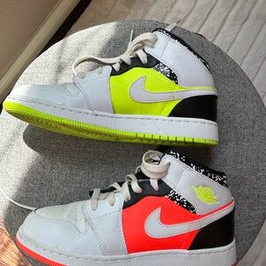 Air Jordan 1 Mid, colors white, neon green and neon orange.  Size 6Y.